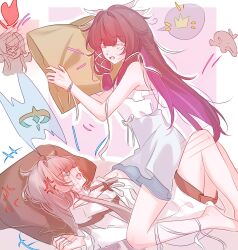  2girls anger_vein barefoot black_hair blue_eyes blush closed_eyes colored_inner_hair columbina_(genshin_impact) commentary dregs dress fang genshin_impact grey_hair highres knee_blush long_hair multicolored_hair multiple_girls open_mouth pillow purple_hair sandrone_(genshin_impact) smile straddling white_dress yuri 