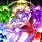  book breasts crescent crystal hat highres large_breasts long_hair long_sleeves magic_circle patchouli_knowledge pentagram purple_eyes purple_hair solo symbol-shaped_pupils touhou tro very_long_hair violet_eyes 