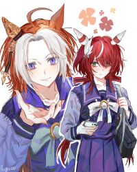  2girls aayoii_00 animal_ears bag commentary_request ear_ribbon green_eyes hair_ornament highres holding holding_phone horse_ears horse_girl horse_tail light_smile multicolored_hair multiple_girls orange_hair orfevre_(umamusume) phone purple_shirt red_hair ribbon school_uniform shirt shoulder_bag streaked_hair tail tracen_school_uniform umamusume violet_eyes white_streaks win_variation_(umamusume) 