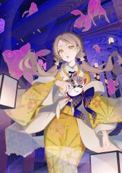  1girl absurdres arcaea blue_bow bow bow_flower brown_hair checkered_bow checkered_clothes collared_dress cowboy_shot dress dress_bow fish floral_print floral_print_kimono flying_fish fox_mask furisode hair_bow highres holding holding_mask japanese_clothes kanae_(arcaea) kimono lantern long_hair long_sleeves looking_at_viewer mask mgr_palelight obi open_mouth parted_bangs print_kimono sash solo torii twintails wide_sleeves yellow_eyes yellow_kimono 
