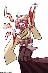  >_< 1girl absurdres arm_up artist_name blush_stickers brown_hakama clenched_hands commentary_request dated green_kimono hakama hakama_skirt hieda_no_akyuu highres japanese_clothes kimono layered_kimono long_hair long_sleeves one-hour_drawing_challenge purple_hair simple_background skirt solo touhou translation_request ve1024 white_background wide_sleeves yellow_kimono 