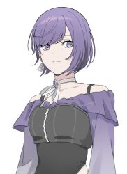  1girl alternate_hair_length_(shorter) asahina_mafuyu bob_cut breasts choker clothing_cutout commentary_request dot_nose earrings expressionless hip_vent into_the_new_light_(project_sekai) jewelry long_sleeves looking_to_the_side medium_breasts off-shoulder_shirt off_shoulder official_alternate_costume official_alternate_hairstyle project_sekai purple_hair purple_shirt rainy_3743 ribbon ribbon_choker shirt short_hair sidelocks sideways_glance signature simple_background solo swept_bangs upper_body violet_eyes white_background white_choker white_ribbon zipper zipper_pull_tab 