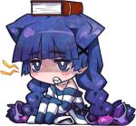  book book_on_head bow braid chain chains chibi clenched_teeth criminal_girls flat_gaze hair_bow ichihaya jewelry long_hair necklace nippon_ichi object_on_head official_art purple_eyes purple_hair sharp_teeth simple_background sitting sleeves_past_wrists solo striped striped_legwear striped_thighhighs thigh-highs thighhighs twin_braids twintails violet_eyes 