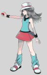  1girl black_wristband brown_hair closed_mouth commentary_request full_body green_legwear green_shirt grey_background hat highres holding holding_poke_ball ittumozzz leaf_(pokemon) long_hair loose_socks pleated_skirt poke_ball poke_ball_(basic) pokemon pokemon_(game) pokemon_frlg red_skirt shirt shoes skirt sleeveless sleeveless_shirt smile solo standing white_footwear white_headwear wristband 