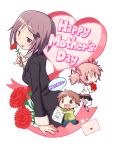  1boy 2girls :d blush_stickers bow brown_eyes brown_hair chibi child_drawing english envelope flower gecchu hair_ornament hair_ribbon heart highres kaname_junko kaname_madoka kaname_tatsuya letter lipstick mahou_shoujo_madoka_magica makeup mother&#039;s_day mother_and_daughter mother_and_son multiple_girls open_mouth pink_eyes pink_hair purple_hair ribbon school_uniform short_hair short_twintails skirt smile thigh-highs twintails violet_eyes 