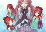  closed_eyes eating eyes_closed face food fruit grin hands hands_clasped hennamono holding holding_apple holding_fruit long_hair mahou_shoujo_madoka_magica multiple_persona red_eyes red_hair redhead sakura_kyouko smile taiyaki wagashi 