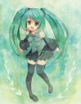  :d bad_id boots detached_sleeves green_eyes green_hair hatsune_miku headphones headset leaning_forward long_hair namiri necktie open_mouth skirt smile solo thigh-highs thigh_boots thighhighs twintails very_long_hair vocaloid 