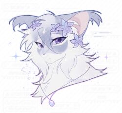  animal animal_focus cat colorpoint_(pattern) commission cropped_shoulders crystal_necklace ear_tufts flat_color flower fluffy grey_cat hair_between_eyes hair_flower hair_ornament looking_at_viewer mihuashi_commission no_humans original purple_flower simple_background solo sparkle spottedrose too_many_watermarks violet_eyes watermark whiskers white_background 