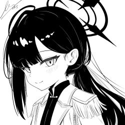  1girl ahoge blue_archive blush commentary_request epaulettes hair_behind_ear halo highres ichika_(blue_archive) ichika_(suit)_(blue_archive) limpiderm long_hair monochrome official_alternate_costume parted_bangs ponytail portrait shirt smile unusually_open_eyes 
