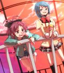  blue_eyes blue_hair boots bow denim denim_shorts dutch_angle fang food ice_cream knee_boots kneehighs mahou_shoujo_madoka_magica miki_sayaka plaid ponytail red_eyes red_hair redhead sakura_kyouko school_uniform short_hair shorts skirt tartan yamato_pochi 