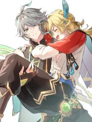  2boys absurdres alhaitham_(genshin_impact) black_boots black_pants black_shirt blonde_hair blush boots braid cape closed_eyes closed_mouth collared_shirt commentary_request cowboy_shot crown_braid feather_hair_ornament feathers frown genshin_impact green_eyes grey_hair hair_ornament hand_on_another's_shoulder highres kaveh_(genshin_impact) long_hair long_sleeves male_focus multiple_boys open_mouth ornate_clothes paddyfield_mo pants parted_bangs shirt short_hair simple_background tassel triangle_mouth white_background white_shirt 