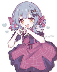  1girl artist_name blue_hair bow bowtie braid braided_hair_rings collared_dress dress dress_bow frilled_dress frills hair_bow hair_rings heart heart_hands_failure highres layered_dress looking_at_viewer mahou_shoujo_no_majo_saiban necktie open_mouth plaid_bow plaid_clothes plaid_dress red_bow red_necktie runa_(runa7733) short_hair signature simple_background smile solo tachibana_sherry twitter_username upper_body white_background yellow_eyes 