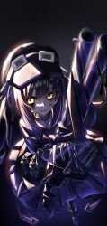  1girl ammunition_pouch arm_belt asymmetrical_gloves bandaged_arm bandaged_hand bandages black_background black_choker black_coat black_dress black_gloves black_hair black_hat black_pantyhose black_ribbon black_shoes black_thighhighs choker coat collared_dress commentary_request crying crying_with_eyes_open dress from_above full_body gloves goggles goggles_on_headwear gun hair_ornament hat holding holding_gun holding_weapon kurobe_nanoka leg_belt long_hair looking_at_viewer mahou_shoujo_no_majo_saiban makeup neck_ribbon osumoudosukoitv pantyhose plaid_clothes plaid_dress pouch ribbon runny_makeup shoes simple_background solo spoilers tears thigh-highs twintails weapon witch_(manosaba) yellow_eyes 