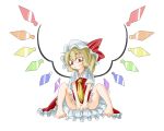  bacho barefoot blonde_hair feet flandre_scarlet hat naughty_face necktie red_eyes side_ponytail simple_background solo the_embodiment_of_scarlet_devil touhou wings 
