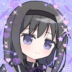  1girl akemi_homura black_hair black_hairband black_shirt blue_eyes blush bow bowtie closed_mouth commentary_request hairband heart long_hair mahou_shoujo_madoka_magica mahou_shoujo_madoka_magica_(anime) portrait purple_background purple_bow purple_bowtie setani_neco shirt smile solo sparkle star_(symbol) watermark 