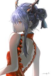 1girl arknights backless_dress backless_outfit bare_back bare_shoulders blue_hair ch'en_(ageless_afterglow)_(arknights) ch'en_(arknights) china_dress chinese_clothes commentary dragon_girl dragon_horns dress from_behind hair_bun highres horns looking_at_viewer looking_back official_alternate_costume pppmepl red_dress red_eyes signature simple_background sleeveless sleeveless_dress solo untranslatable_commentary upper_body white_background 