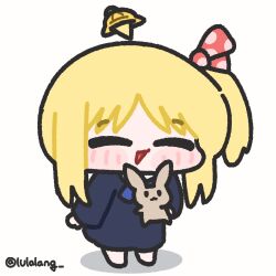  1girl aged_down ahoge blonde_hair blush bocchi_the_rock! chibi chibi_only child closed_eyes commentary detached_ahoge hat highres ijichi_nijika korean_commentary lulalang school_hat school_uniform shadow side_ponytail smock solo standing stuffed_toy twitter_username white_background 