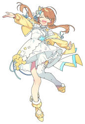  1girl :d ^_^ alternate_hair_length_(longer) blue_ribbon breasts brown_hair closed_eyes clover_hair_ornament commentary dress facing_viewer flower full_body hair_ornament hanasato_minori happy highres jacket long_hair long_sleeves low_twintails off_shoulder official_alternate_hairstyle open_clothes open_jacket open_mouth outstretched_arms project_sekai puffy_long_sleeves puffy_sleeves ribbon shoes sidelocks simple_background single_bare_leg single_thighhigh small_breasts smile solo swept_bangs teeth thigh-highs twintails untranslatable_commentary upper_teeth_only white_background white_dress white_thighhighs xiao_sui_shi_zhi_lang yellow_jacket yellow_shoes 