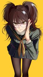  1girl adjusting_eyewear black_jacket black_pantyhose black_skirt brown_eyes brown_hair commentary glasses highres jacket kku123927 korean_commentary kujikawa_rise leaning_forward looking_at_viewer nail_polish neckerchief pantyhose persona persona_4 pink_nails simple_background skirt solo twintails yellow_background yellow_neckerchief 