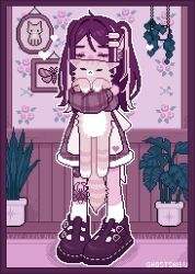  1girl animal animal_hug animated animated_gif artist_name artist_self-insert cat closed_eyes english_commentary full_body ghostsaibu hanging_plant highres holding holding_animal holding_cat indoors long_hair loving_aura original pixel_art plant potted_plant skirt standing tagme 