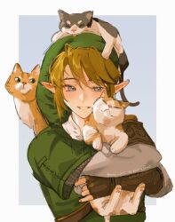  1boy animal arisu_art black_gloves blonde_hair blue_eyes blush border cat fingerless_gloves gloves happy hug link pet pointy_ears the_legend_of_zelda the_legend_of_zelda:_twilight_princess white_border 