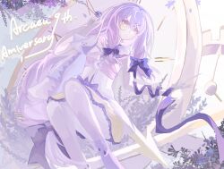  1girl arcaea bare_shoulders braid closed_mouth collar commentary_request copyright_name detached_collar dress frilled_collar frills gradient_hair hair_between_eyes hair_ornament happy_anniversary highres lagrange_(arcaea) layered_dress long_hair low-tied_sidelocks monocle multicolored_hair neck_ribbon pantyhose purple_hair purple_pantyhose purple_ribbon ribbon side_cape sidelocks single_braid single_off_shoulder solo violet_eyes wansu_desu white_pantyhose yellow_dress 