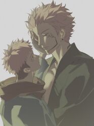  2boys black_hair black_jacket closed_mouth collarbone commentary_request earrings extra_eyes eye_contact face-to-face facial_tattoo from_side grey_background height_difference highres hood hood_down itadori_yuji jacket jacket_over_hoodie japanese_clothes jewelry jujutsu_kaisen looking_at_another male_focus multicolored_hair multiple_boys pectoral_cleavage pectorals pink_hair pinkuyuji red_eyes red_hood ryoumen_sukuna_(jujutsu_kaisen) ryoumen_sukuna_(true_form)_(jujutsu_kaisen) short_hair simple_background tattoo two-tone_hair uncle_and_nephew undercut 