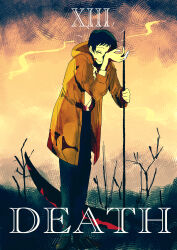  1boy absurdres adachi_tooru black_pants blood blood_on_clothes coat full_body highres holding holding_scythe hood hood_down looking_at_viewer male_focus pants persona persona_4 roman_numeral scythe shirt short_hair solo vv5vvv05 white_shirt yellow_coat yellow_eyes 
