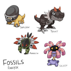  anorith artist_name black_eyes character_name dinosaur highres lileep lizard no_humans pokemon pokemon_(creature) pokemon_focus qkranks shieldon tyrunt white_background yellow_eyes 