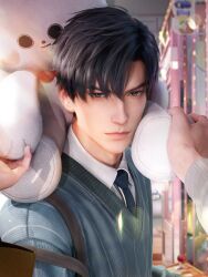  1boy 3d bag black_eyes black_hair black_necktie blurry brown_eyes closed_mouth collared_shirt game_asset highres holding holding_stuffed_toy indoors looking_at_viewer love_and_deepspace male_focus necktie non-web_source official_art pov pov_hands self-datamine shirt short_hair solo_focus stuffed_animal stuffed_toy sweater teddy_bear upper_body white_shirt zayne_(love_and_deepspace) 
