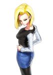  android_18 ass blonde_hair blue_eyes delta_zone dragon_ball dragon_ball_z dragonball_z earrings jewelry looking_back pantyhose short_hair skirt solo white_background 
