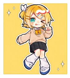  >_o 1girl :p aqua_eyes black_skirt blush bow bowtie brown_cardigan cardigan deformed dot_nose full_body hair_ornament hair_ribbon hairclip hand_up kagamine_rin long_sleeves looking_at_viewer loose_socks mizunidoufu one_eye_closed one_side_up outline parallel_hairclips pleated_skirt ribbon school_uniform shoes short_hair skirt smile socks solo sparkle standing standing_on_one_leg tongue tongue_out uwabaki v v-shaped_eyebrows vocaloid white_outline white_ribbon white_socks yellow_background yellow_bow yellow_bowtie 