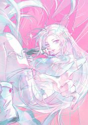  1girl ankle_boots black_gloves blue_eyes boots braid breasts clothing_cutout commentary crack cracked_glass dress ear_piercing eyelashes fingerless_gloves gloves hand_to_own_mouth highres hip_vent into_the_new_light_(project_sekai) jewelry long_hair looking_at_viewer medium_breasts megurine_luka necklace official_alternate_costume official_alternate_hairstyle parted_bangs parted_lips piercing pink_background pink_hair project_sekai sidelocks simple_background single_fingerless_glove sleeveless sleeveless_dress solo untranslatable_commentary very_long_hair vocaloid white_boots white_dress yukijam_xc 