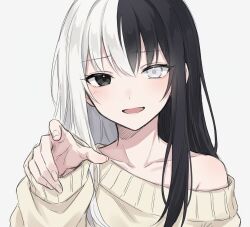  1girl black_eyes black_hair collarbone commentary_request elis heterochromia long_hair long_sleeves looking_at_viewer multicolored_hair open_mouth original reaching reaching_towards_viewer simple_background single_bare_shoulder single_off_shoulder split-color_hair sweater two-tone_hair upper_body white_background white_eyes white_hair 