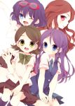  blue_eyes blue_hair chiku-wa fang glasses glasses_on_head green_eyes green_hair inazuma_eleven inazuma_eleven_(series) kino_aki kudou_fuyuka long_hair moriyama_shijimi multiple_girls open_mouth otonashi_haruna purple_hair raimon_natsumi red_hair redhead school_uniform short_hair smile wink 