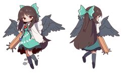  1girl absurdres arm_cannon black_hair black_wings bow cape commentary feathered_wings green_bow green_skirt highres korean_commentary long_hair long_sleeves magg_(user_mtca8588) red_eyes reiuji_utsuho shirt skirt third_eye touhou weapon white_background white_shirt wings 