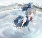  album_cover blue_dress blue_eyes blue_hair bow cirno colored_eyelashes cover crystal dress flying forest hair_bow ice lake leaning_forward light_particles looking_at_viewer mary_janes miyuki_ruria mountain nature perfect_cherry_blossom pigeon-toed pigeon_toed reflection shoes short_hair smile snow snowflakes solo touhou transparent wings winter 