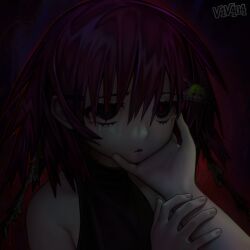 2girls abstract_background artist_name blush character_hair_ornament commentary english_commentary fang hair_ornament hand_on_another's_cheek hand_on_another's_face highres multiple_girls muted_colors original pale_skin portrait purple_hair red_pupils short_hair skin_fang sweatdrop v1v404 