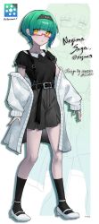  1girl belt black_belt black_hairband black_shirt black_socks breasts cardigan character_name commentary_request expressionless full_body glasses green_hair grey_shorts hairband high-waist_shorts highres medium_breasts off_shoulder original raised_eyebrows semi-rimless_eyewear shirt short_hair shorts sleeves_past_wrists socks solo suspender_shorts suspenders uiro_tori under-rim_eyewear white_cardigan yellow_eyes zoom_layer 