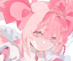  1girl bow choker close-up collarbone dress expressionless eyebrows_hidden_by_hair frills gloves hair_between_eyes hair_bow highres kaname_madoka kaname_madoka_(magical_girl) looking_at_viewer magical_girl non-web_source parted_lips pink_bow pink_eyes pink_hair pink_theme portrait puffy_short_sleeves puffy_sleeves short_sleeves simple_background solo soul_gem twintails upper_body white_background white_gloves 
