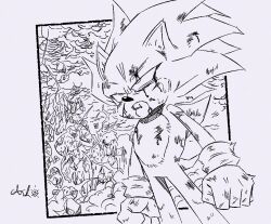  1boy animal_nose artist_name ashofourtime battle_damage blood clenched_hands closed_mouth commentary dragon_ball dragon_ball_z english_commentary furry furry_male gloves green_eyes greyscale injury male_focus monochrome parody serious solo sonic_(series) sonic_the_hedgehog standing style_parody super_sonic sweatdrop toriyama_akira_(style) white_gloves 