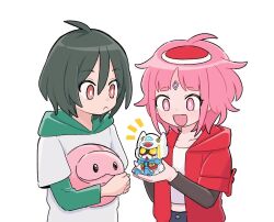  1boy bellri_zenam bindi bow commentary_request g-self gundam gundam_g_no_reconguista hat holding holding_toy hood hood_down jacket long_sleeves nobell noredo_nug open_mouth pink_eyes pink_hair sbr_ghn toy 