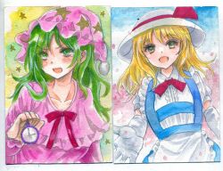  2girls :d blonde_hair blue_skirt center_frills collared_shirt commentary_request frills gloves green_eyes green_hair hajike_akira hat hat_ribbon highres holding holding_pocket_watch kana_anaberal kazami_yuuka kazami_yuuka_(pc-98) long_hair marker_(medium) multiple_girls nightcap open_mouth pajamas pink_hat pink_pajamas pocket_watch puffy_short_sleeves puffy_sleeves red_ribbon ribbon shirt short_sleeves skirt smile star_(symbol) star_print suspender_skirt suspenders touhou touhou_(pc-98) traditional_media upper_body v-shaped_eyebrows watch white_gloves white_shirt yellow_eyes 