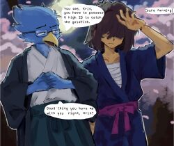  1boy 1other bandaged_chest berdly_(deltarune) bird blue_kimono blunt_bangs brown_hair cherry_blossoms collarbone commentary deltarune english_commentary english_text furry glasses green_hakama green_haori hair_over_eyes hakama haori highres japanese_clothes kimono kris_(deltarune) moon ramfence sarashi speech_bubble utdr_(toby_fox) yukata 