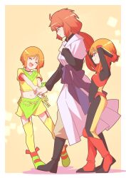  3girls ^_^ absurdres arms_behind_head black_bodysuit black_boots black_eyes bodysuit boots border bright_pupils closed_eyes closed_mouth commentary commentary_request dress elpeo_puru fang gloves green_shoes gundam gundam_unicorn gundam_zz hand_on_own_chest highres holding_hands knee_boots legwear_garter long_hair long_sleeves low_ponytail marida_cruz mecha_pilot_suit midriff multiple_girls navel normal_suit_(gundam) onimaru_(onimal7802) orange_hair ponytail purple_dress purple_sash puru_two red_boots red_gloves sash shirt shoes short_hair skin_tight skirt smile thigh-highs walking white_border white_pupils yellow_shirt yellow_skirt yellow_thighhighs 