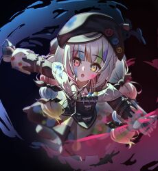  1girl absurdres beret black_background black_hat black_jacket bow collared_shirt colored_tips hair_bow hat heterochromia highres holding holding_spray_can jacket jacket_partially_removed jogasaki_noah long_hair long_sleeves looking_at_viewer mahou_shoujo_no_majo_saiban multi-tied_hair multicolored_hair neck_ribbon off_shoulder open_mouth osumoudosukoitv paint_splatter paint_splatter_on_face paint_stains paintbrush polka_dot polka_dot_bow polka_dot_skirt red_eyes ribbon shirt skirt sleeve_bow solo spray_can streaked_hair white_hair white_shirt wide_sleeves yellow_eyes 