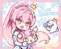  aemeath_(wuthering_waves) ahoge anniversary ball_hands bare_shoulders blush commentary_request elbow_gloves gloves gradient_hair hair_ornament holding long_hair looking_at_viewer mono_mon multicolored_hair open_mouth orange_eyes orange_hair pink_hair remnant_cube_(wuthering_waves) seal_(animal) smile star-shaped_pupils star_(symbol) symbol-shaped_pupils twitter_username white_gloves wuthering_waves 