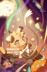  1other @_@ animal_ears ao_(mihuashi_205366) blush candy chibi chibi_only chibikemo commission creature dated dress food full_body furry ghost halloween highres jack-o'-lantern lollipop looking_at_viewer mihuashi_commission neck_fur open_mouth orange_fur orange_hair original other_focus ribbon short_hair solo watermark white_dress 