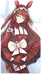  1girl ahoge animal_ears blunt_bangs blunt_ends blunt_sidelocks breasts dress frilled_hairband frills garter_straps hair_between_eyes hairband highres horse_ears horse_girl horse_tail layered_hair long_hair long_sleeves looking_at_viewer nannacy7 red_desire_(divine_raiment)_(umamusume) red_desire_(umamusume) red_dress red_garter_straps red_hair red_hairband red_headdress red_thighhighs red_veil sidelocks small_breasts smile solo star_ornament tail thigh-highs umamusume veil yellow_eyes 
