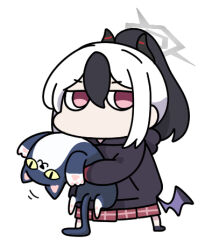  1girl black_hair black_hoodie blue_archive chibi commentary full_body hair_between_eyes halo hood hood_down hoodie horns hugging_object kayoko_(blue_archive) low_wings lowres multicolored_hair nyaru_(nyaru_4126) plaid_clothes plaid_skirt pleated_skirt ponytail purple_wings red_skirt simple_background single_wing skirt solo standing stuffed_animal stuffed_cat stuffed_toy two-tone_hair violet_eyes white_background white_hair wings 